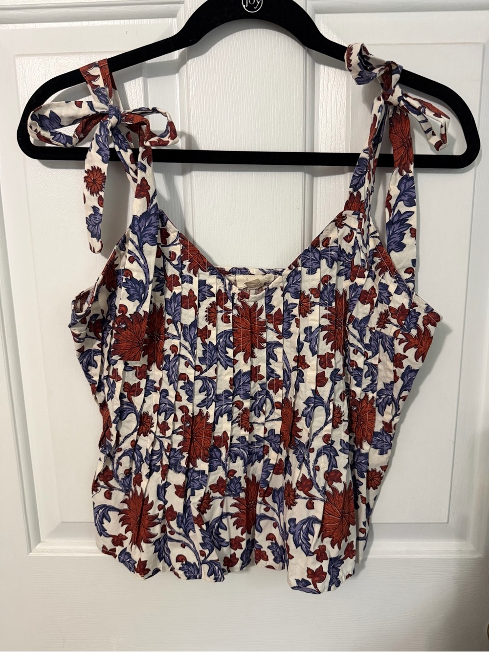 Floral Tie-Shoulder Smocked Tank Top - White with Red & Blue Floral